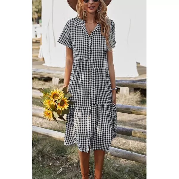 chouyatou Womens Summer Flutter Sleeve Midi Long Gingham Dress Plaid Button Down Shirt DressBlack