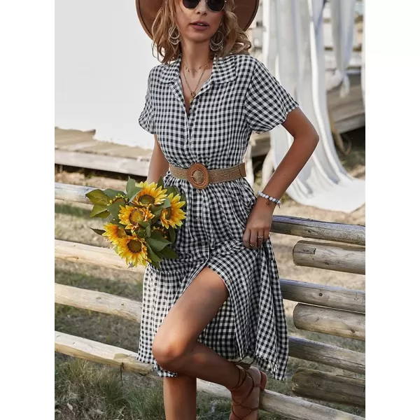 chouyatou Womens Summer Flutter Sleeve Midi Long Gingham Dress Plaid Button Down Shirt DressBlack