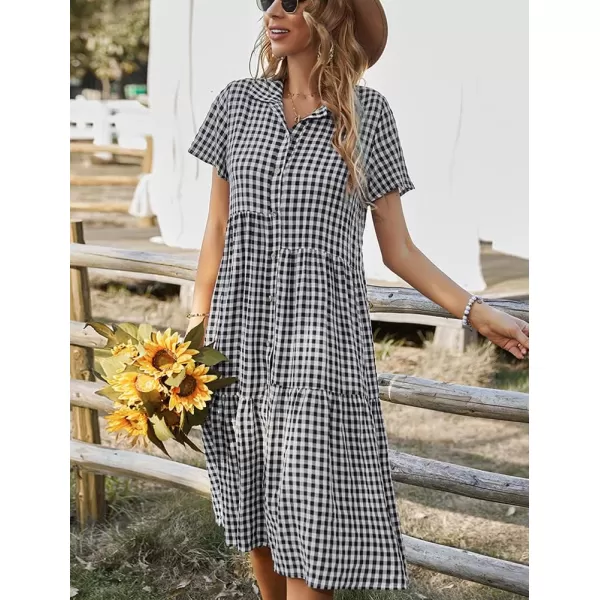 chouyatou Womens Summer Flutter Sleeve Midi Long Gingham Dress Plaid Button Down Shirt DressBlack