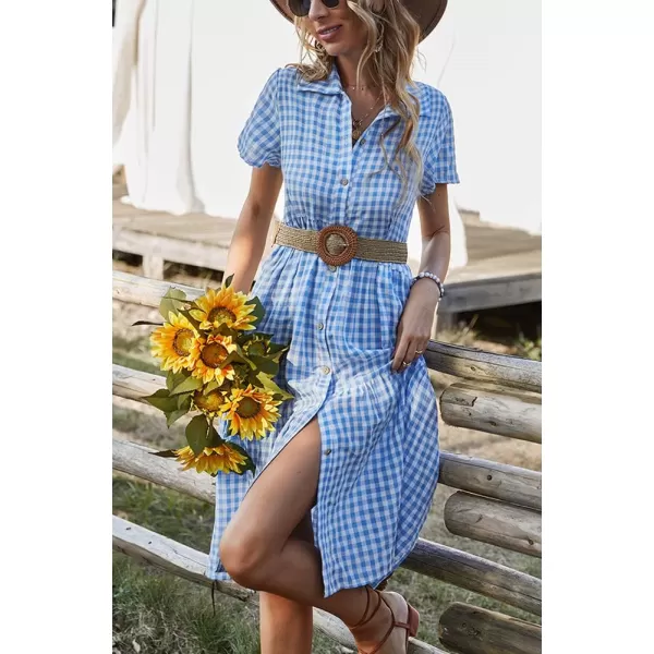 chouyatou Womens Summer Flutter Sleeve Midi Long Gingham Dress Plaid Button Down Shirt DressBlue