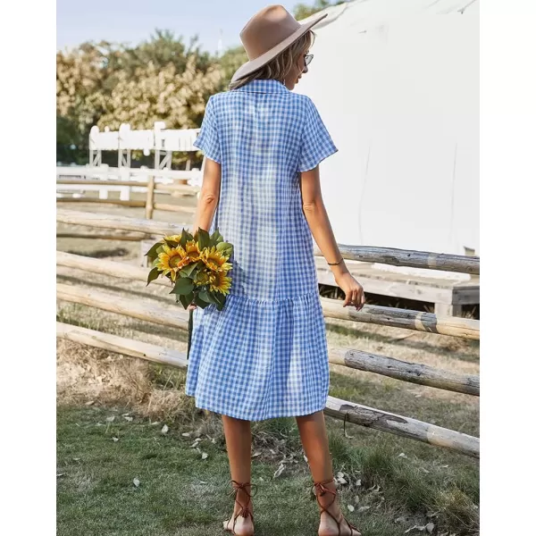 chouyatou Womens Summer Flutter Sleeve Midi Long Gingham Dress Plaid Button Down Shirt DressBlue