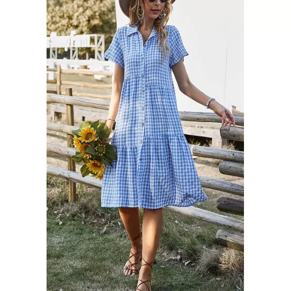 chouyatou Womens Summer Flutter Sleeve Midi Long Gingham Dress Plaid Button Down Shirt DressBlue