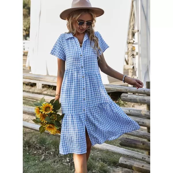 chouyatou Womens Summer Flutter Sleeve Midi Long Gingham Dress Plaid Button Down Shirt DressBlue