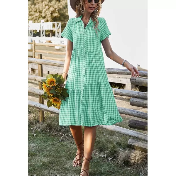 chouyatou Womens Summer Flutter Sleeve Midi Long Gingham Dress Plaid Button Down Shirt DressGreen