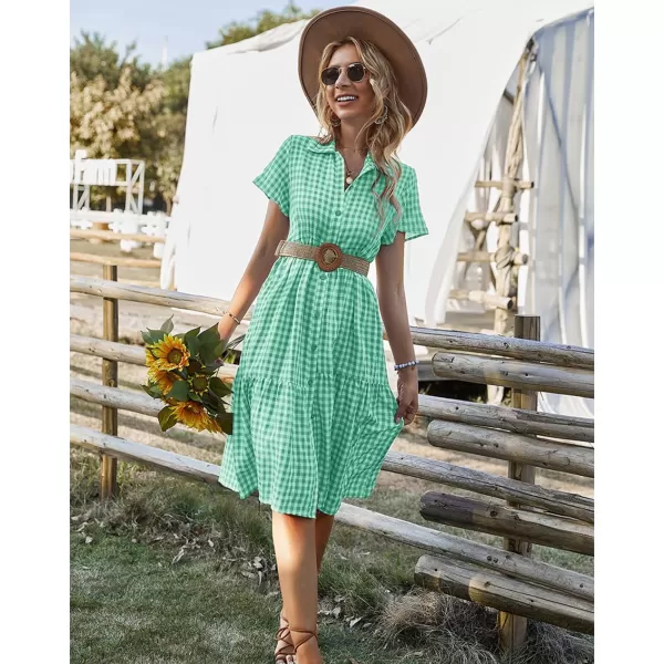chouyatou Womens Summer Flutter Sleeve Midi Long Gingham Dress Plaid Button Down Shirt DressGreen