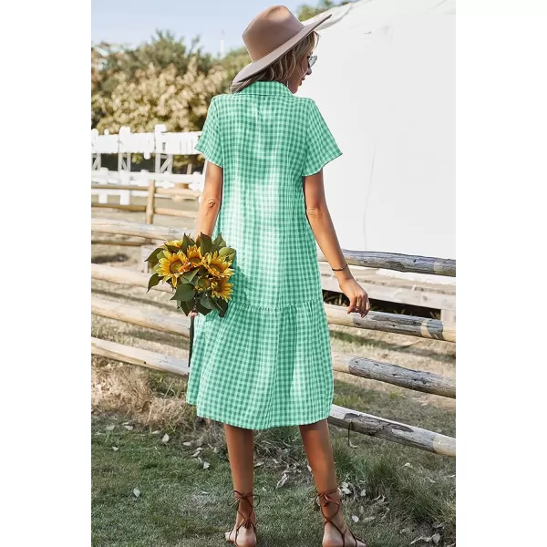 chouyatou Womens Summer Flutter Sleeve Midi Long Gingham Dress Plaid Button Down Shirt DressGreen