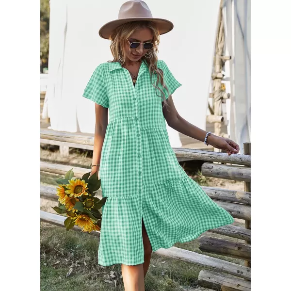 chouyatou Womens Summer Flutter Sleeve Midi Long Gingham Dress Plaid Button Down Shirt DressGreen