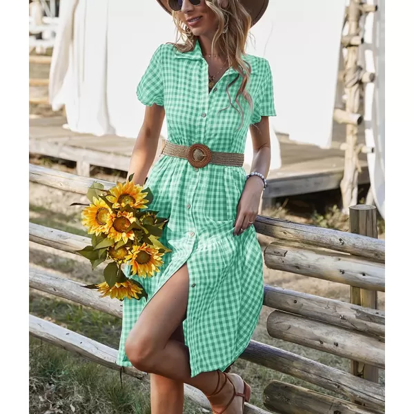 chouyatou Womens Summer Flutter Sleeve Midi Long Gingham Dress Plaid Button Down Shirt DressGreen