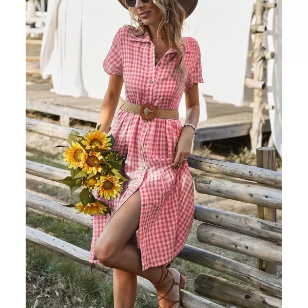 chouyatou Womens Summer Flutter Sleeve Midi Long Gingham Dress Plaid Button Down Shirt DressPink