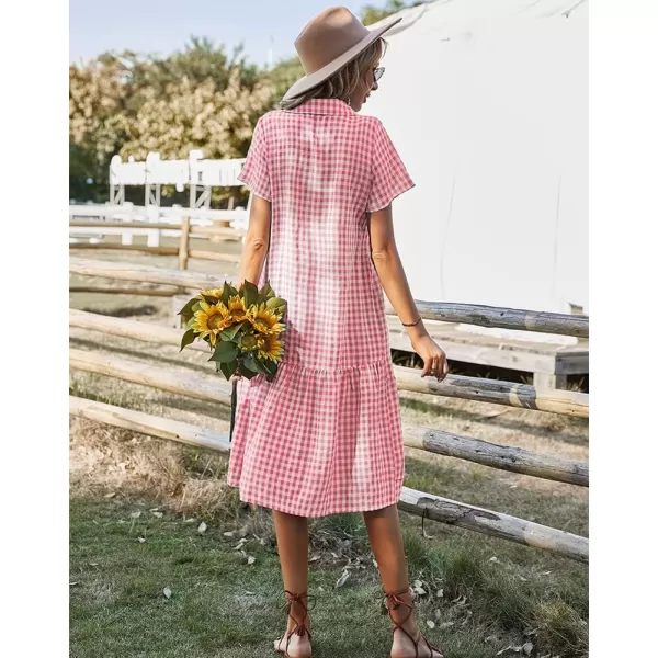 chouyatou Womens Summer Flutter Sleeve Midi Long Gingham Dress Plaid Button Down Shirt DressPink