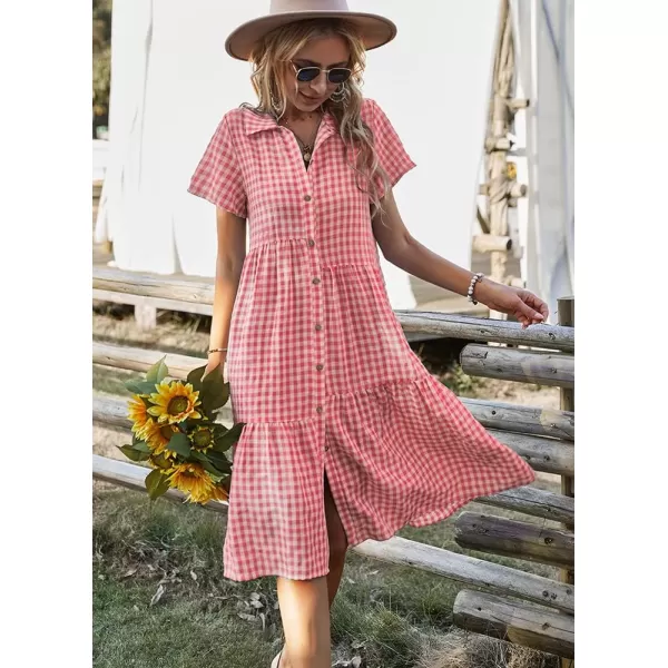 chouyatou Womens Summer Flutter Sleeve Midi Long Gingham Dress Plaid Button Down Shirt DressPink