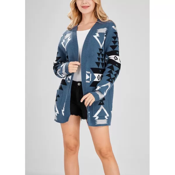 chouyatou Womens Tribal Aztec Print Sweater Open Front Knitted Jacquard Cardigan SweaterBlue