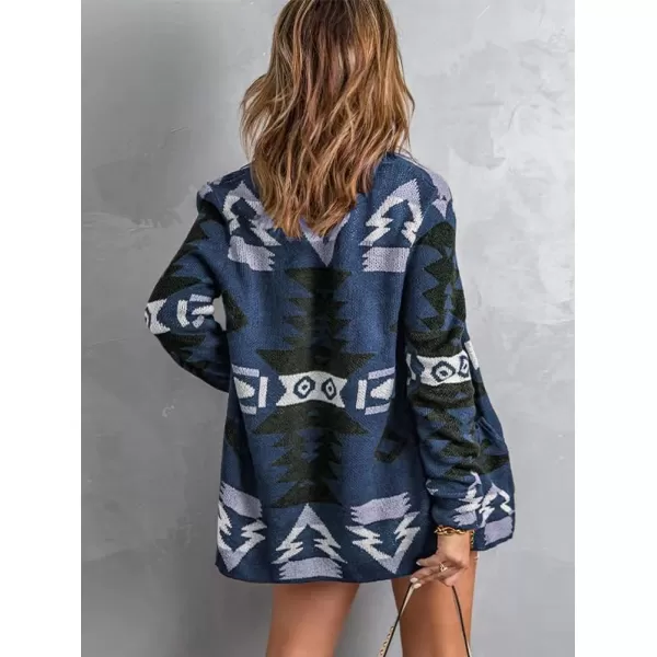 chouyatou Womens Tribal Aztec Print Sweater Open Front Knitted Jacquard Cardigan SweaterBlue