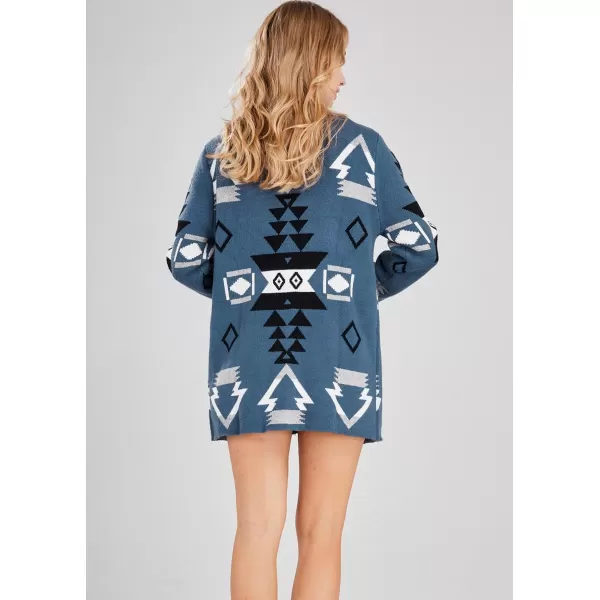 chouyatou Womens Tribal Aztec Print Sweater Open Front Knitted Jacquard Cardigan SweaterBlue