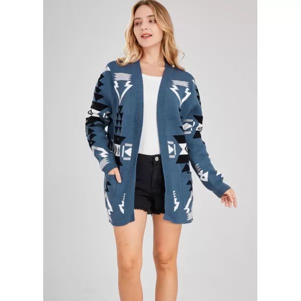 chouyatou Womens Tribal Aztec Print Sweater Open Front Knitted Jacquard Cardigan SweaterBlue