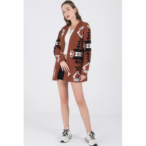 chouyatou Womens Tribal Aztec Print Sweater Open Front Knitted Jacquard Cardigan SweaterCoffee