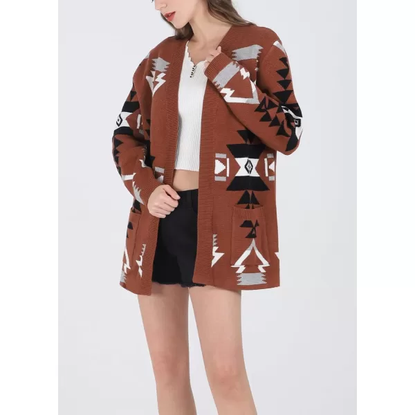 chouyatou Womens Tribal Aztec Print Sweater Open Front Knitted Jacquard Cardigan SweaterCoffee
