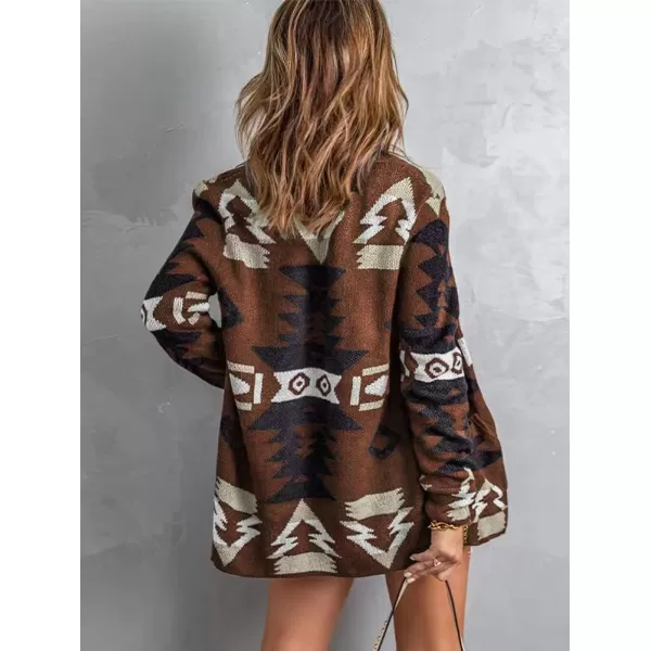 chouyatou Womens Tribal Aztec Print Sweater Open Front Knitted Jacquard Cardigan SweaterCoffee