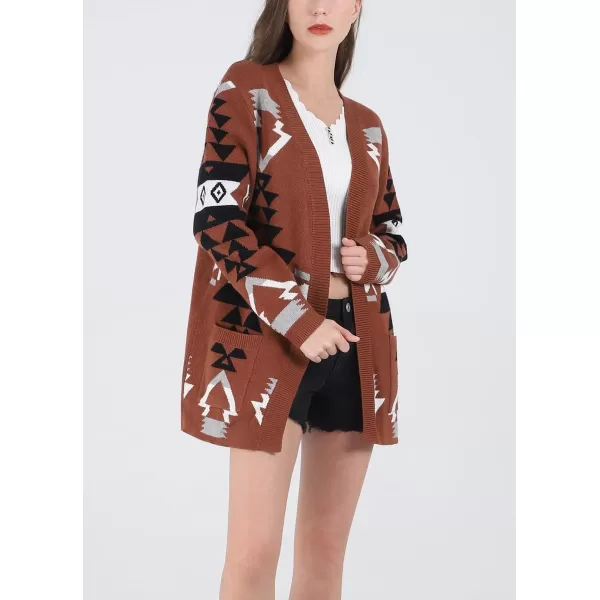 chouyatou Womens Tribal Aztec Print Sweater Open Front Knitted Jacquard Cardigan SweaterCoffee