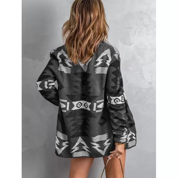 chouyatou Womens Tribal Aztec Print Sweater Open Front Knitted Jacquard Cardigan SweaterDark Grey