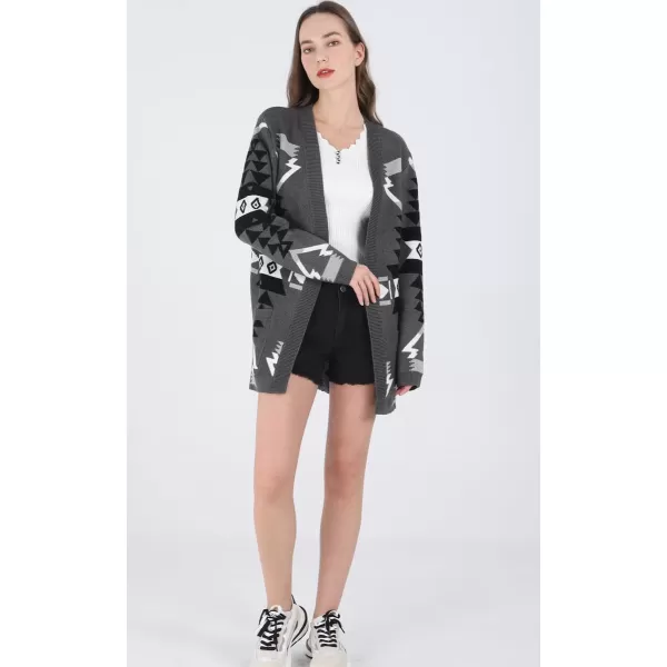 chouyatou Womens Tribal Aztec Print Sweater Open Front Knitted Jacquard Cardigan SweaterDark Grey