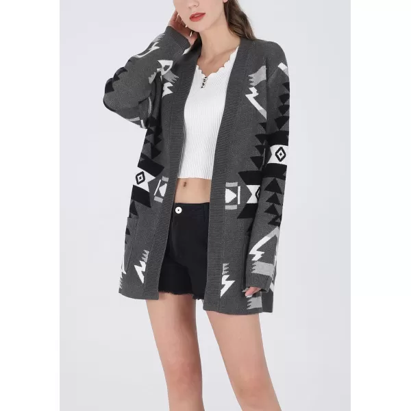 chouyatou Womens Tribal Aztec Print Sweater Open Front Knitted Jacquard Cardigan SweaterDark Grey