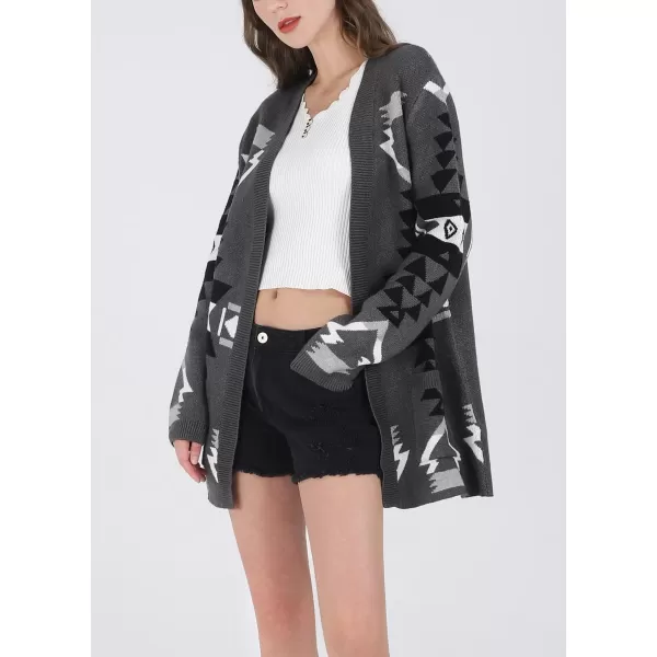chouyatou Womens Tribal Aztec Print Sweater Open Front Knitted Jacquard Cardigan SweaterDark Grey