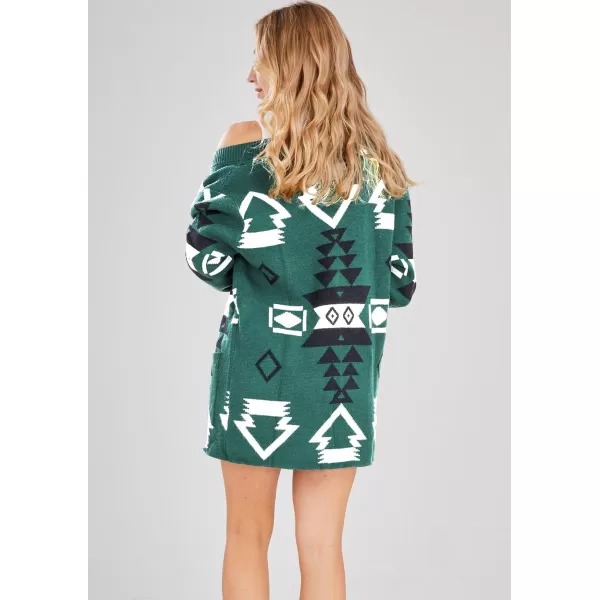 chouyatou Womens Tribal Aztec Print Sweater Open Front Knitted Jacquard Cardigan SweaterGreen