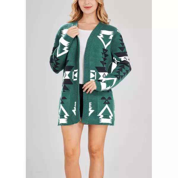 chouyatou Womens Tribal Aztec Print Sweater Open Front Knitted Jacquard Cardigan SweaterGreen