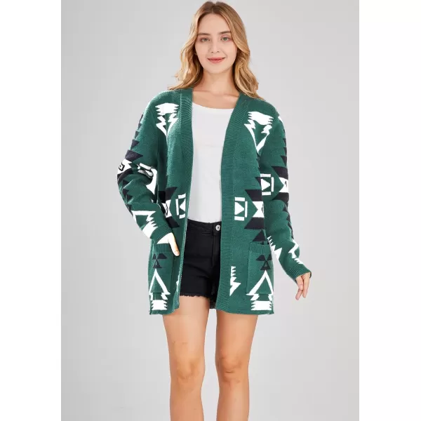 chouyatou Womens Tribal Aztec Print Sweater Open Front Knitted Jacquard Cardigan SweaterGreen