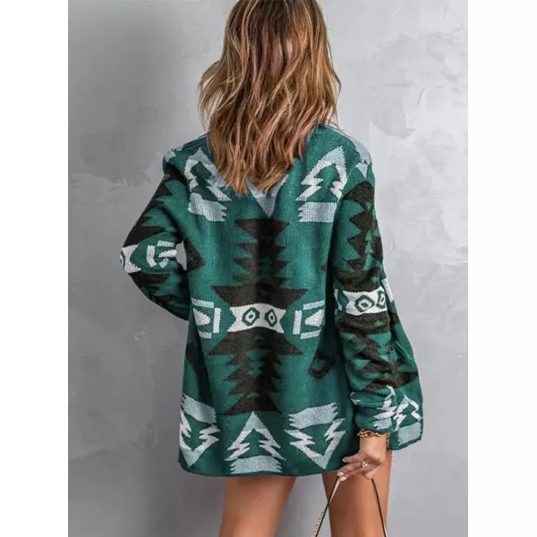 chouyatou Womens Tribal Aztec Print Sweater Open Front Knitted Jacquard Cardigan SweaterGreen