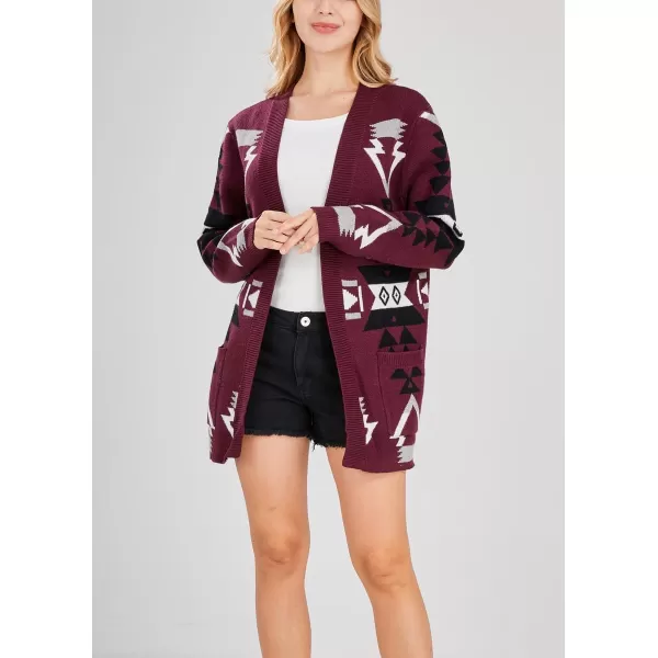 chouyatou Womens Tribal Aztec Print Sweater Open Front Knitted Jacquard Cardigan SweaterPurple