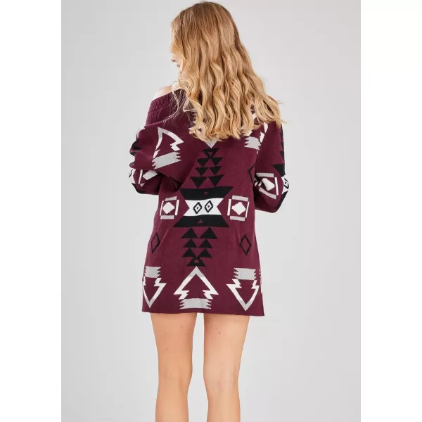 chouyatou Womens Tribal Aztec Print Sweater Open Front Knitted Jacquard Cardigan SweaterPurple