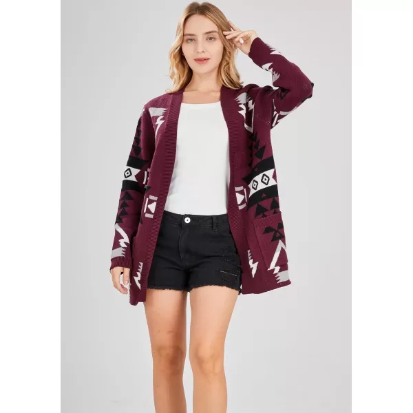 chouyatou Womens Tribal Aztec Print Sweater Open Front Knitted Jacquard Cardigan SweaterPurple