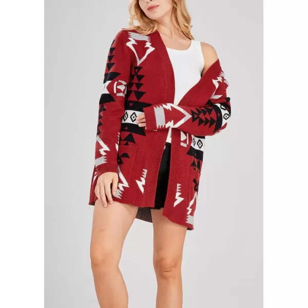 chouyatou Womens Tribal Aztec Print Sweater Open Front Knitted Jacquard Cardigan SweaterRed