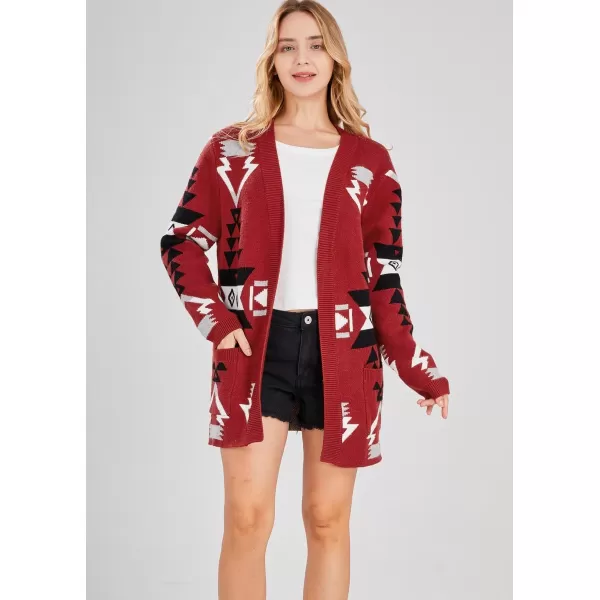 chouyatou Womens Tribal Aztec Print Sweater Open Front Knitted Jacquard Cardigan SweaterRed