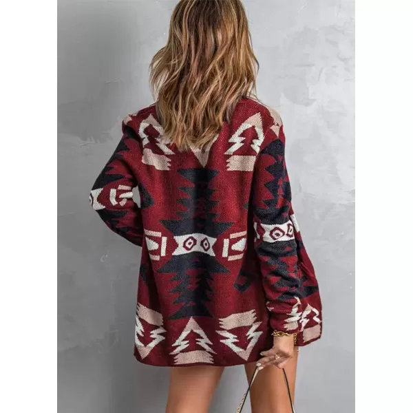 chouyatou Womens Tribal Aztec Print Sweater Open Front Knitted Jacquard Cardigan SweaterRed
