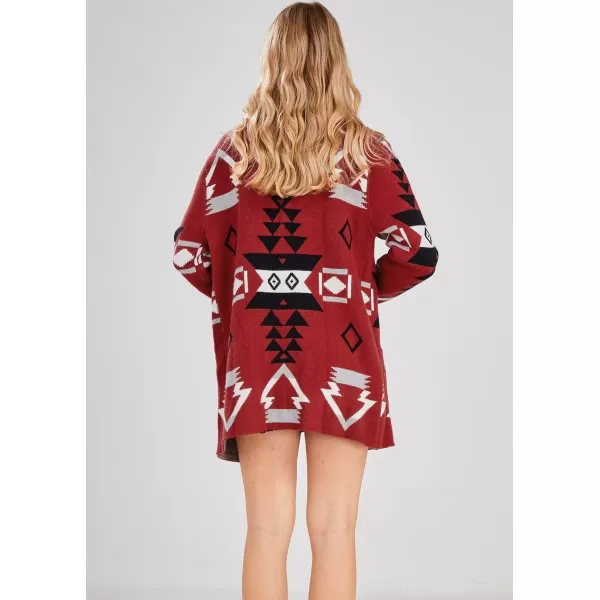 chouyatou Womens Tribal Aztec Print Sweater Open Front Knitted Jacquard Cardigan SweaterRed