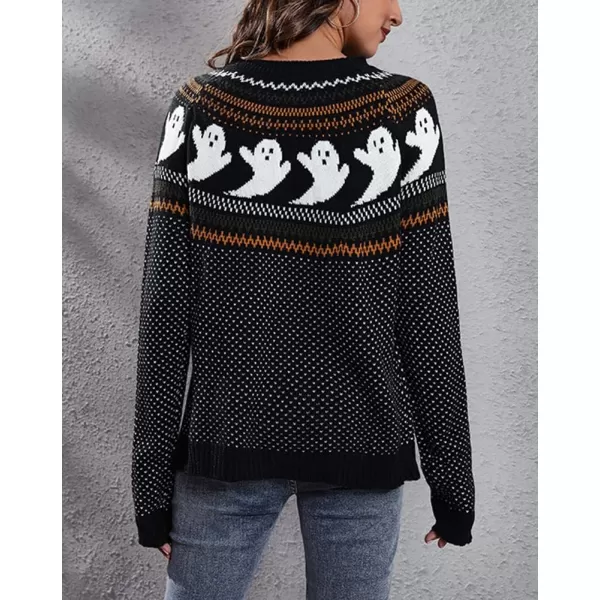 chouyatou Womens Vintage Fair Isle Ghost Pattern Crewneck Knitted Pullover SweaterBlack