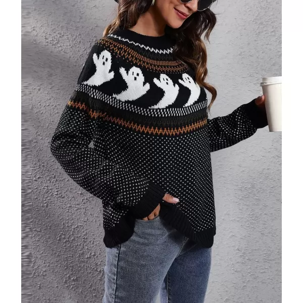 chouyatou Womens Vintage Fair Isle Ghost Pattern Crewneck Knitted Pullover SweaterBlack