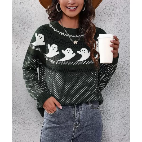 chouyatou Womens Vintage Fair Isle Ghost Pattern Crewneck Knitted Pullover SweaterDark Green