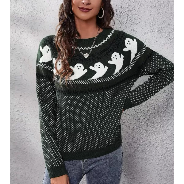 chouyatou Womens Vintage Fair Isle Ghost Pattern Crewneck Knitted Pullover SweaterDark Green