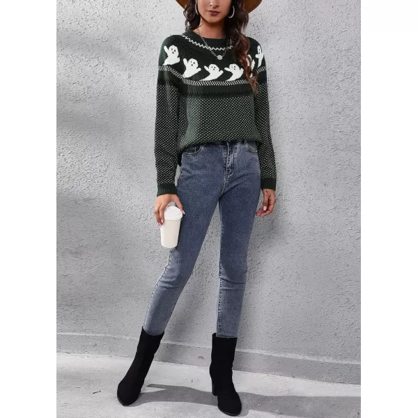chouyatou Womens Vintage Fair Isle Ghost Pattern Crewneck Knitted Pullover SweaterDark Green
