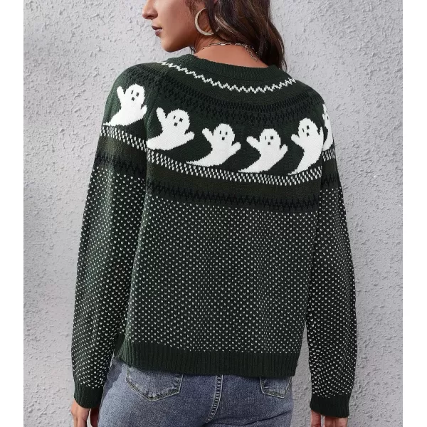 chouyatou Womens Vintage Fair Isle Ghost Pattern Crewneck Knitted Pullover SweaterDark Green