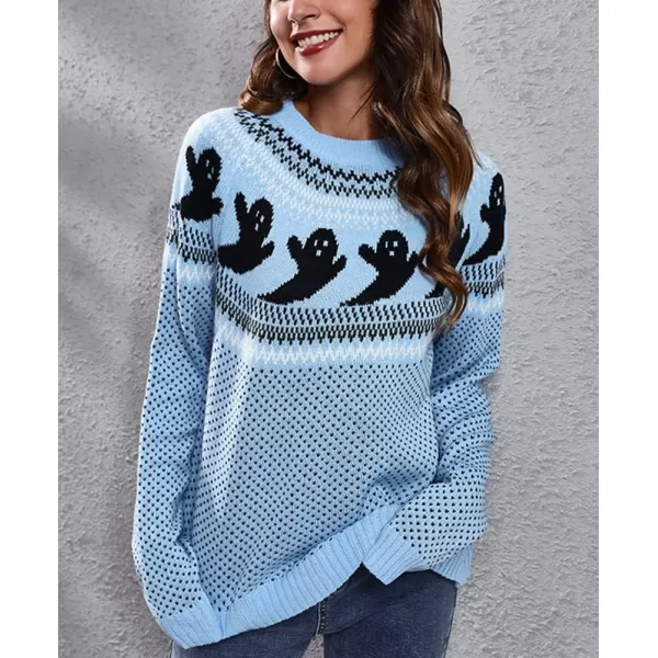 chouyatou Womens Vintage Fair Isle Ghost Pattern Crewneck Knitted Pullover SweaterLight Blue