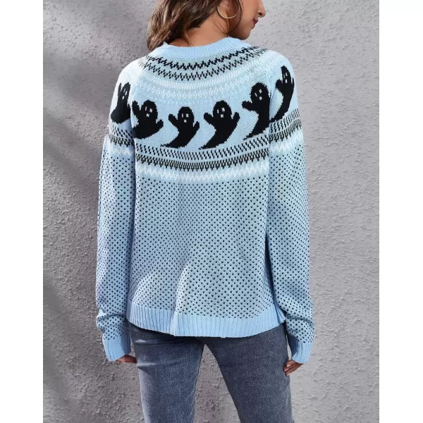 chouyatou Womens Vintage Fair Isle Ghost Pattern Crewneck Knitted Pullover SweaterLight Blue