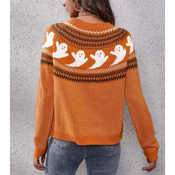 chouyatou Womens Vintage Fair Isle Ghost Pattern Crewneck Knitted Pullover SweaterOrange