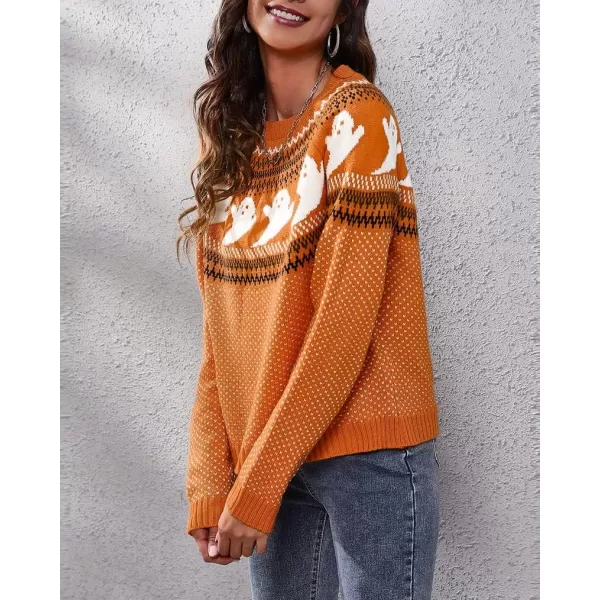 chouyatou Womens Vintage Fair Isle Ghost Pattern Crewneck Knitted Pullover SweaterOrange
