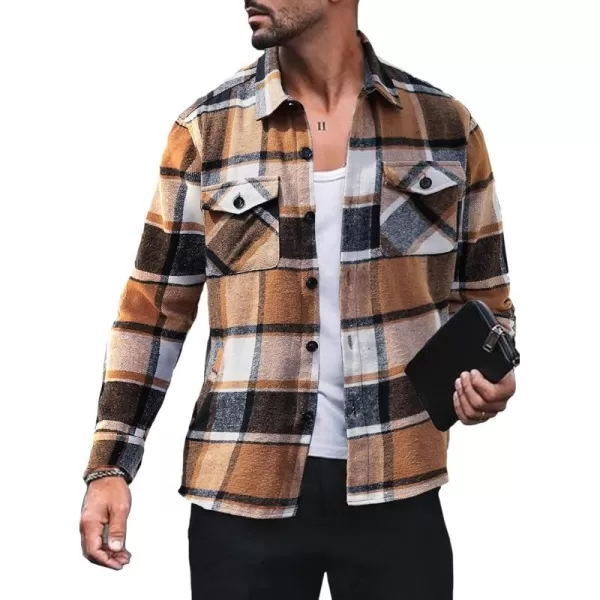 chouyatou Mens Casual Plaid Button Down Long Sleeve Flannel Shirt Jacket Shacket TopKhaki