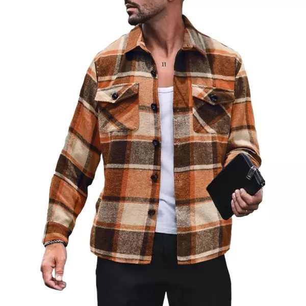 chouyatou Mens Casual Plaid Button Down Long Sleeve Flannel Shirt Jacket Shacket TopOrange